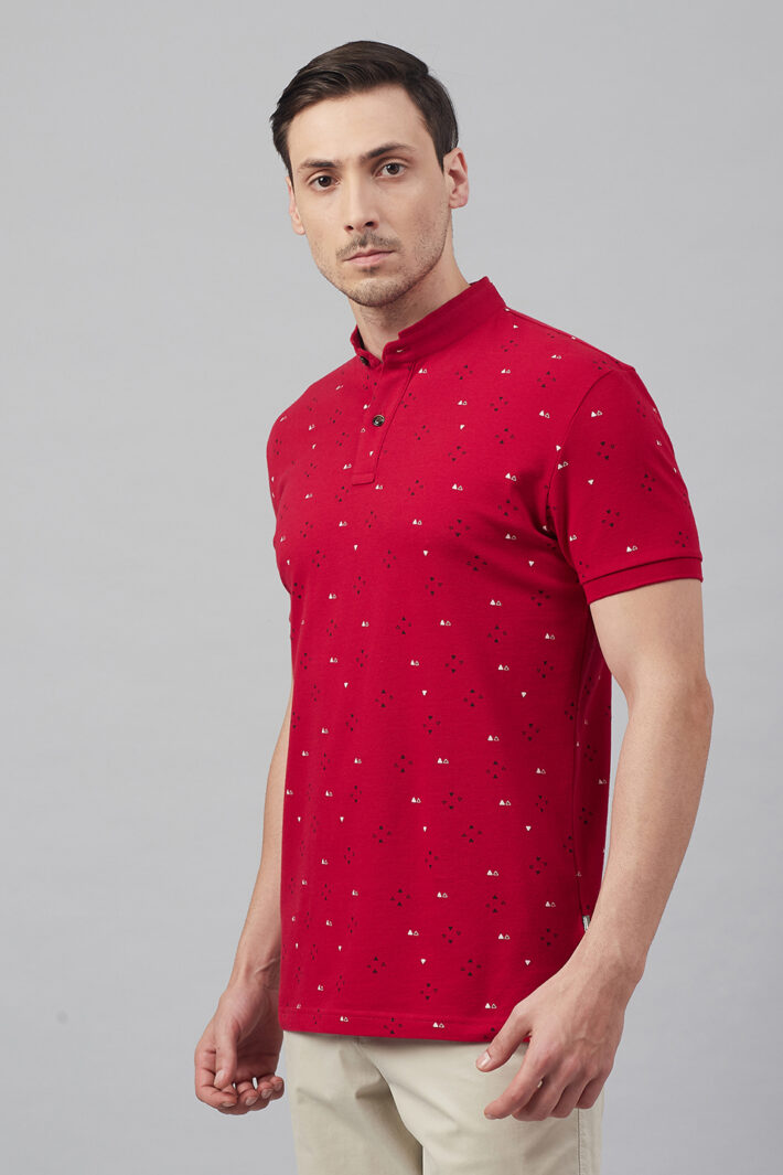 Fahrenheit Geometric Print Stand-Up Collar Polo Shirt Red