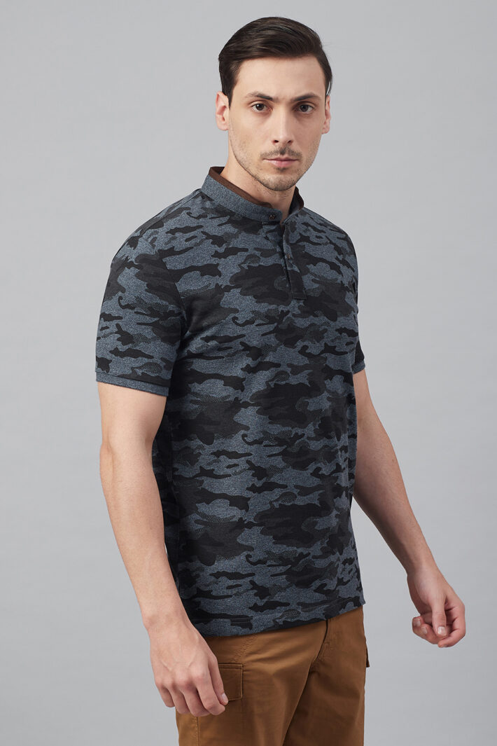 Fahrenheit Military Camouflage Print Stand-Up Collar Polo Shirt