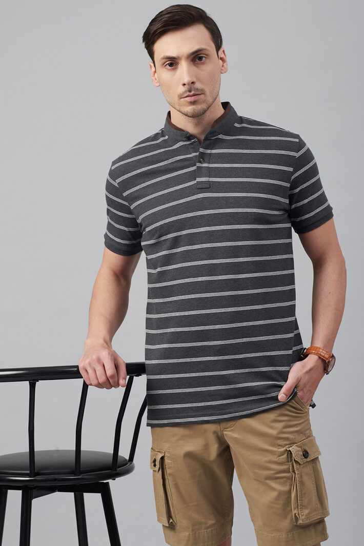 Fahrenheit Multi Feeder Stripes Stand-Up Collar Polo Shirt