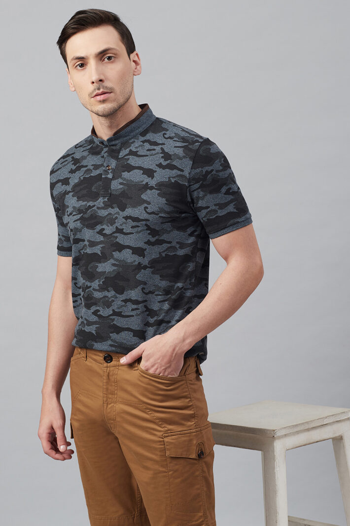 Fahrenheit Military Camouflage Print Stand-Up Collar Polo Shirt