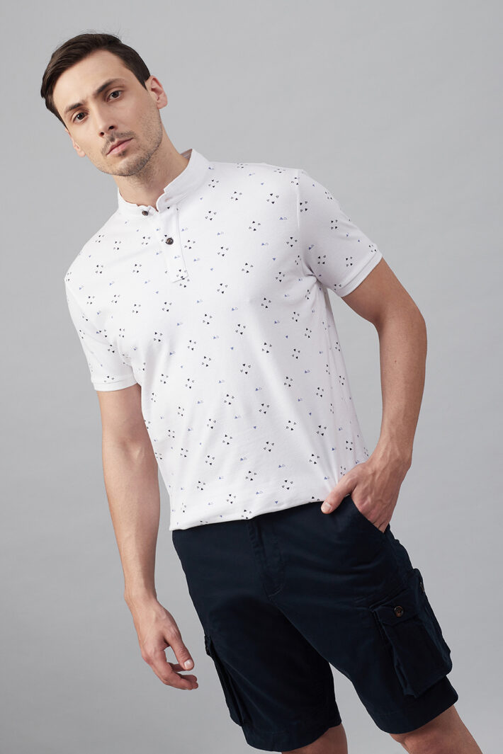 Fahrenheit Geometric Print Stand-Up Collar Polo Shirt
