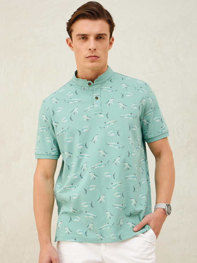 Shark Print Stand-Up Collar Polo - 2XL