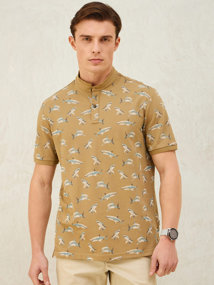 Shark Print Stand-Up Collar Polo - 2XL