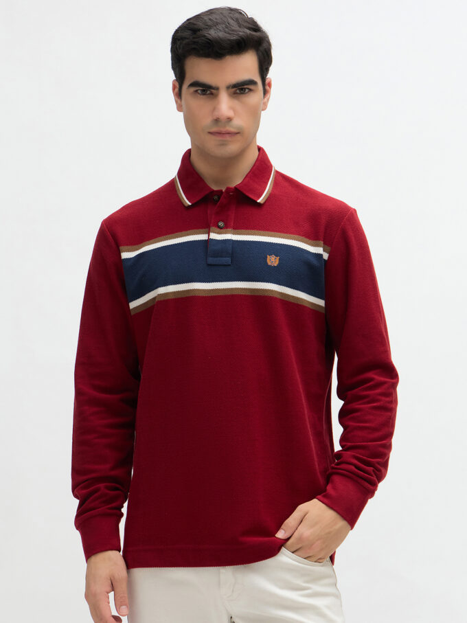 Chest Stripe Textured Polo - L